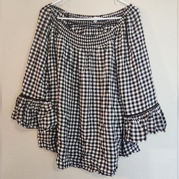 Terra & Sky Tops - Terra & Sky Black and White Gingham Blouse Size 1X